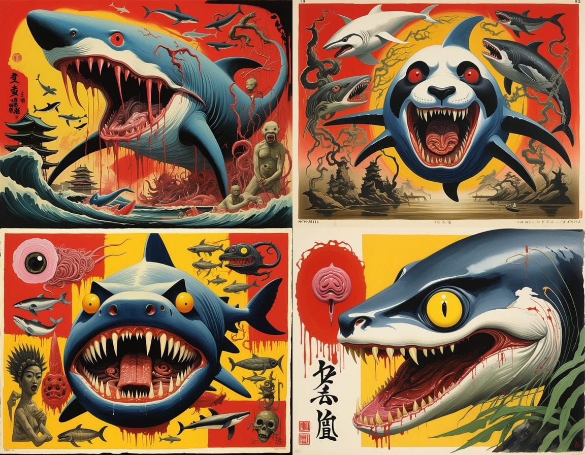 Surreal Mutant Swan-Panda Hybrid in Brutalist 1950s Japan