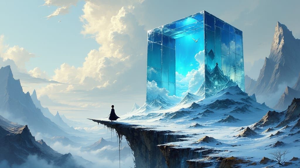 Giant Kintsugi Ice Cube in Surreal Sky