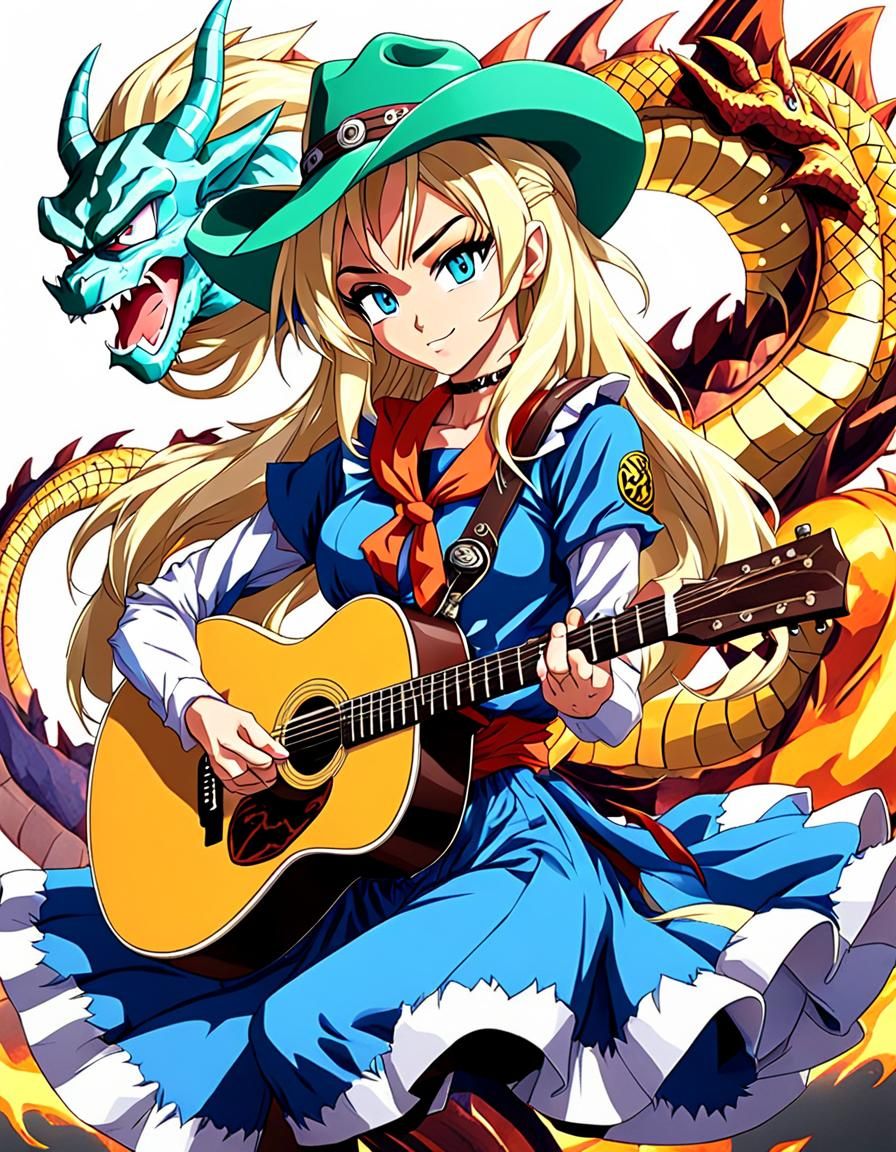 Anime Cowgirl Plays Guitar in Dragon Ball Style