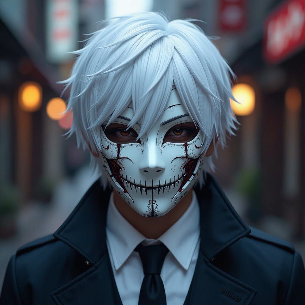 Ken Kaneki's White Mask in Dark Fantasy Style