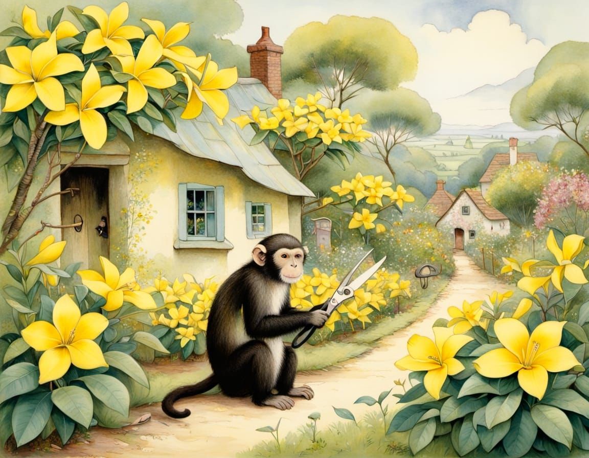 Capuchin Monkeys Pruning Allamanda Flowers in Garden