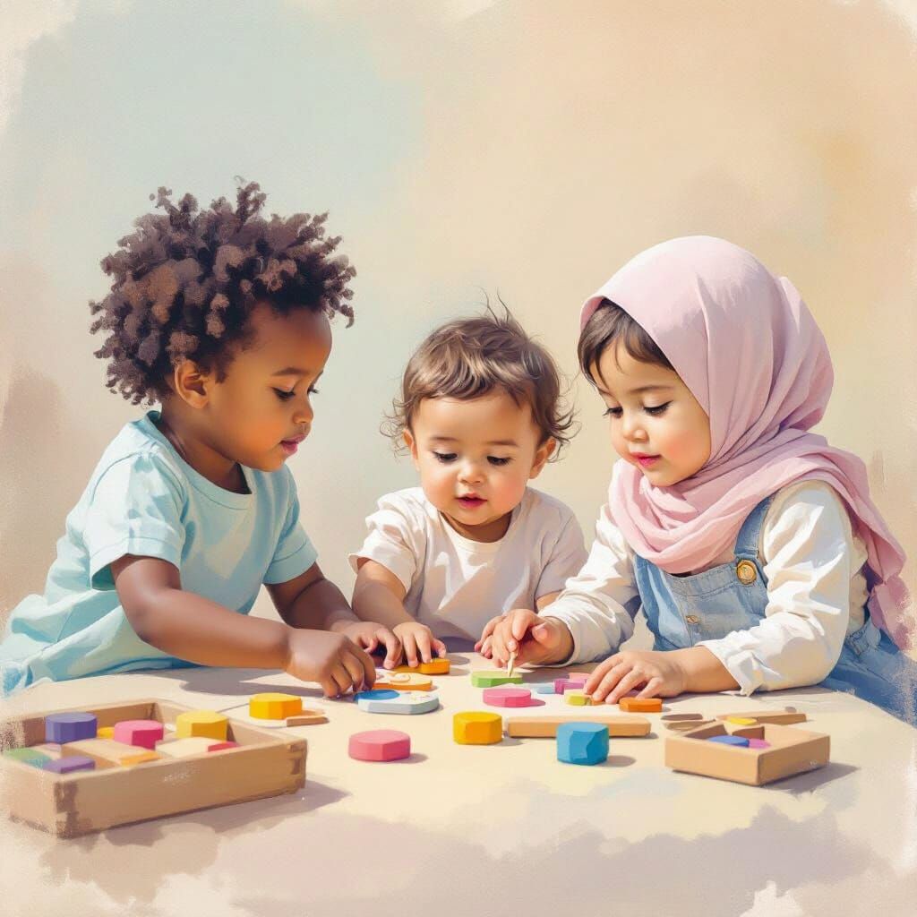 Montessori Toddlers in Dreamy Pastel Gouache Painting