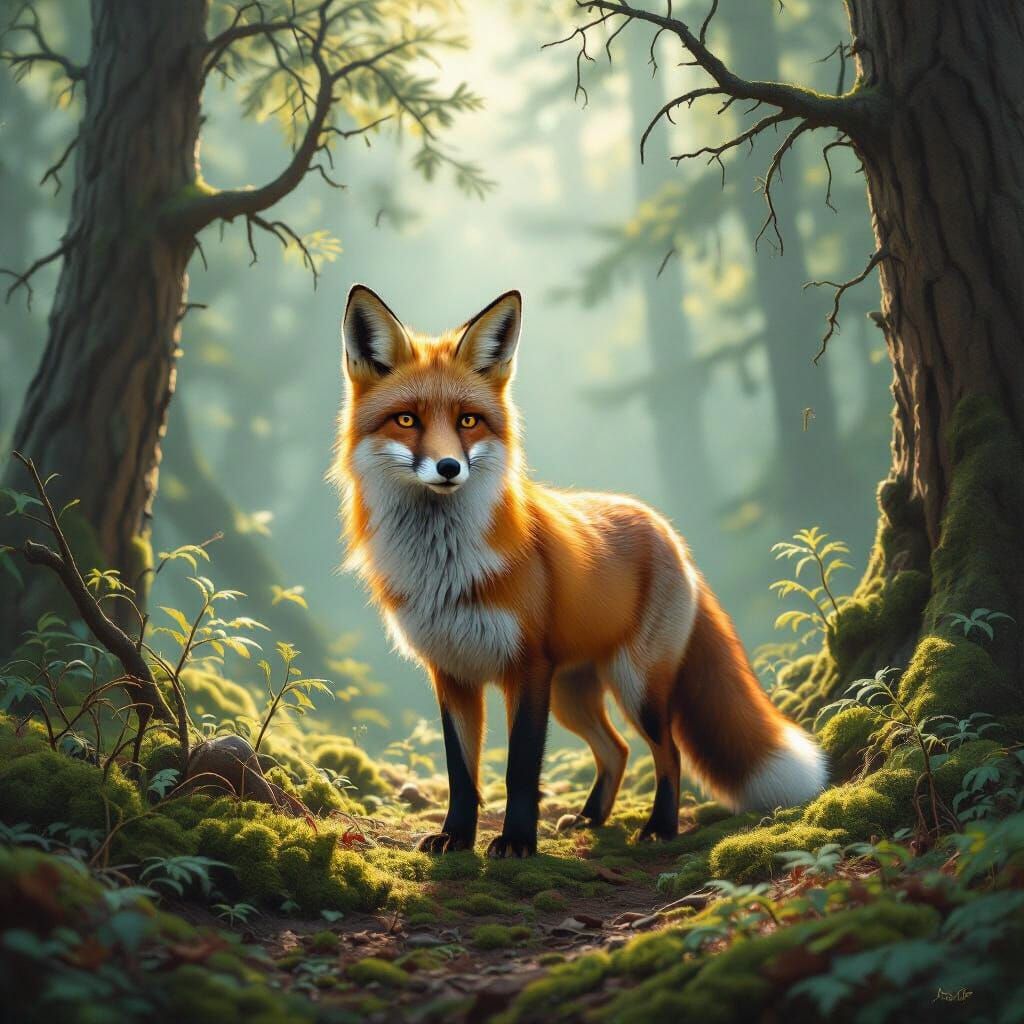 Solitary Fox in Mystical Ancient Forest