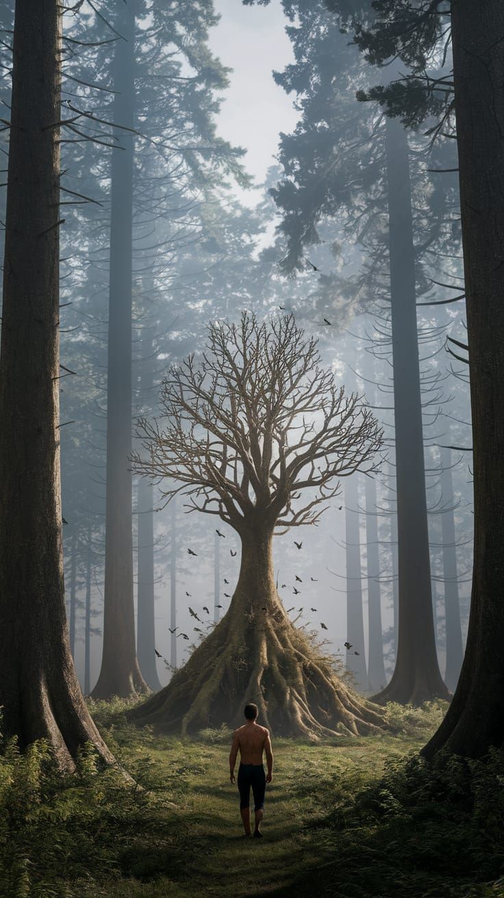 Dans une clairière embrumée d’une forêt millénaire, un humai...