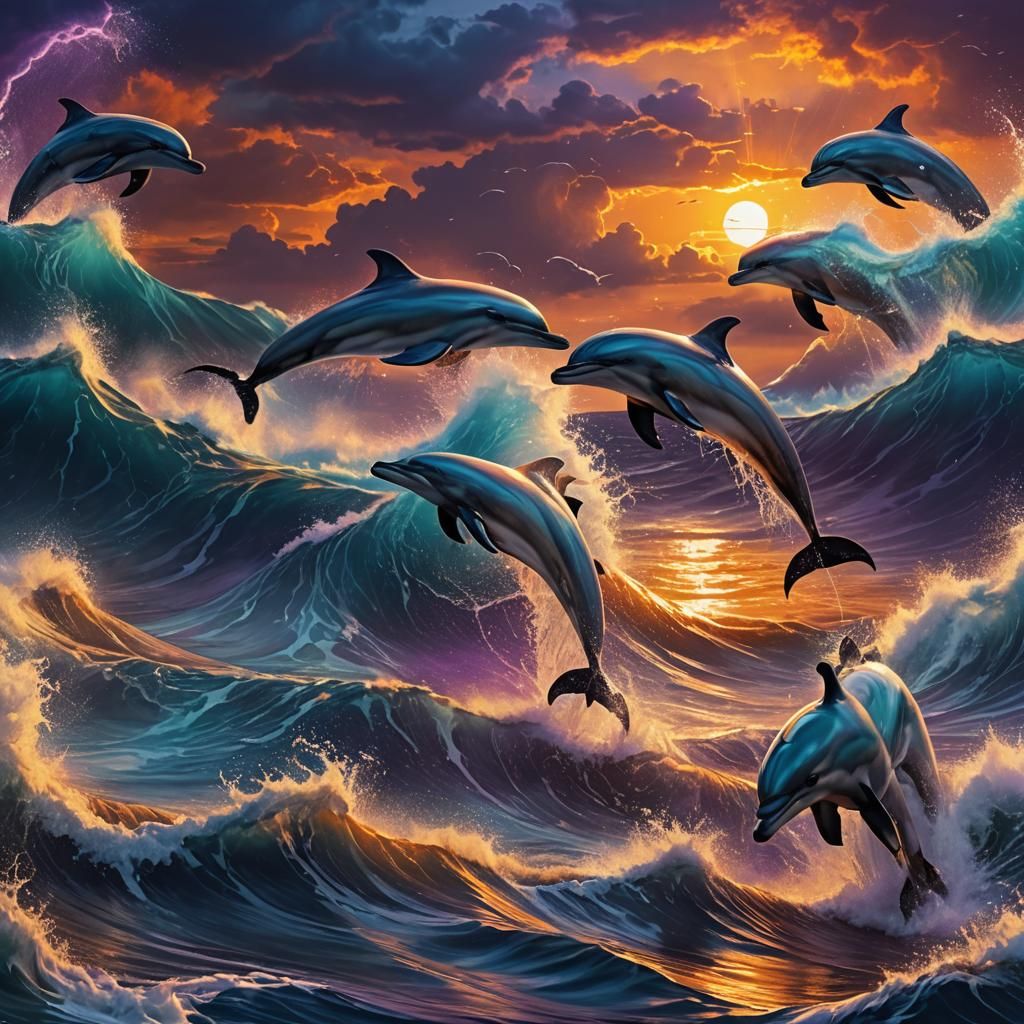 Dolphins Leaping in Stormy Ocean: Digital Art