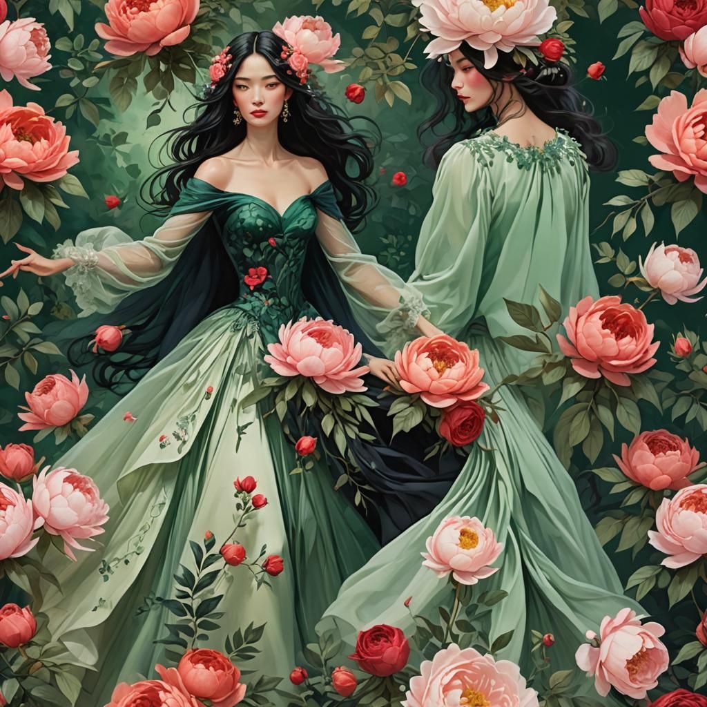 Woman in Floral Garden: Rembrandt and Mucha Style