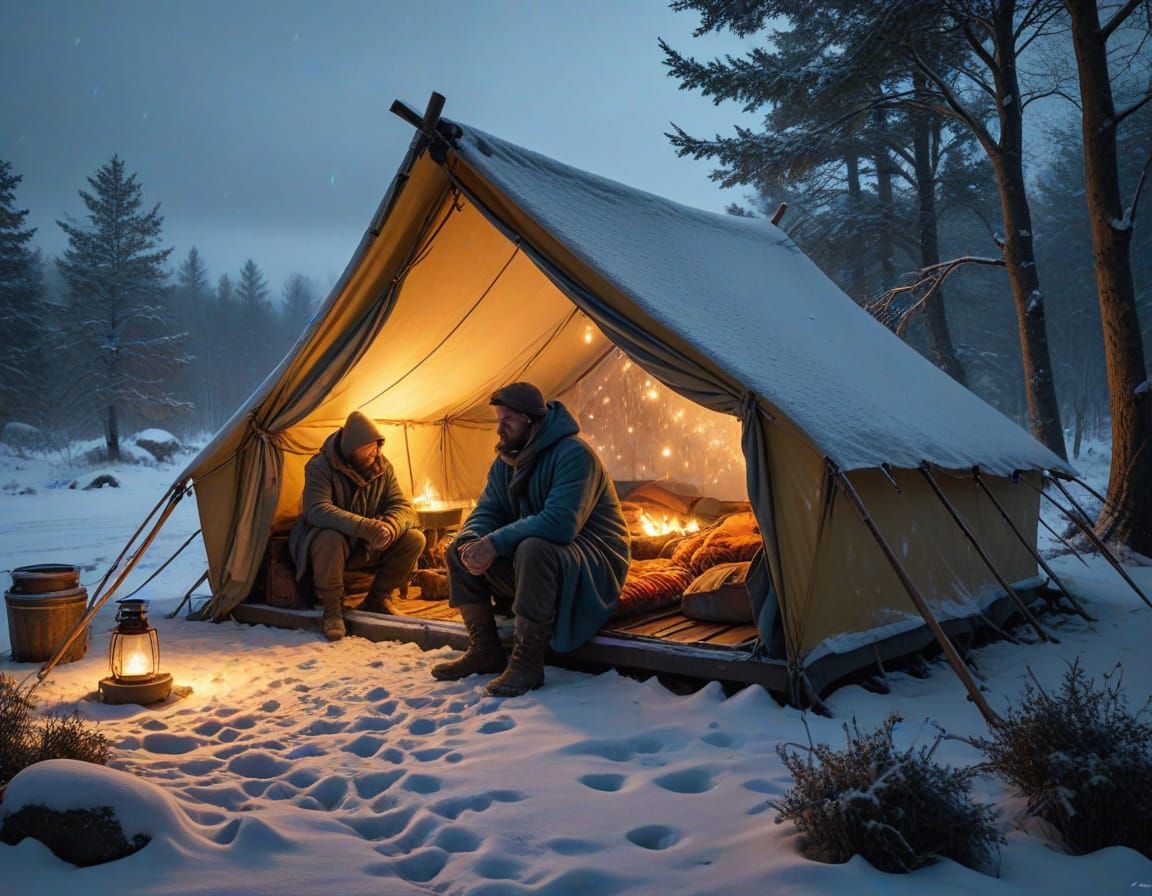 Cozy Winter Campsite Scene in a Snowstorm, Warm Light Agains...