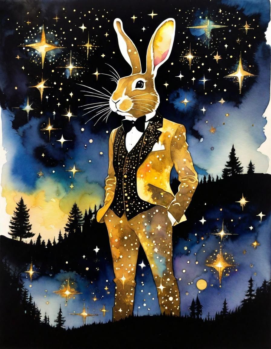 Surreal Starry Night Rabbit Silhouette in Watercolor