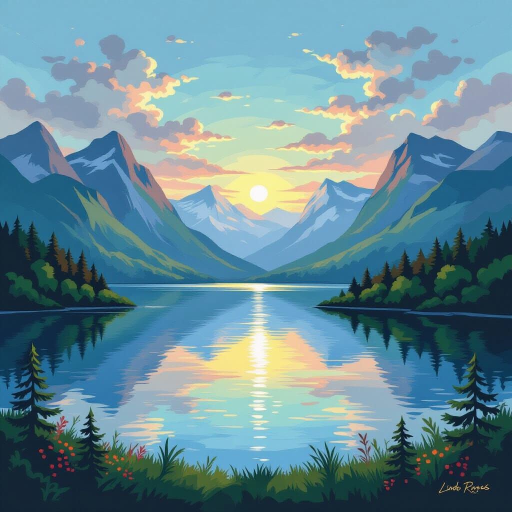 Picturesque Mountain Lake Landscape in Impressionist Style