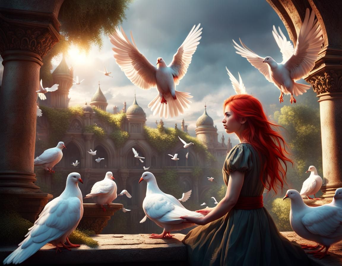 Peaceful Matte Painting of Girl with Pigeons