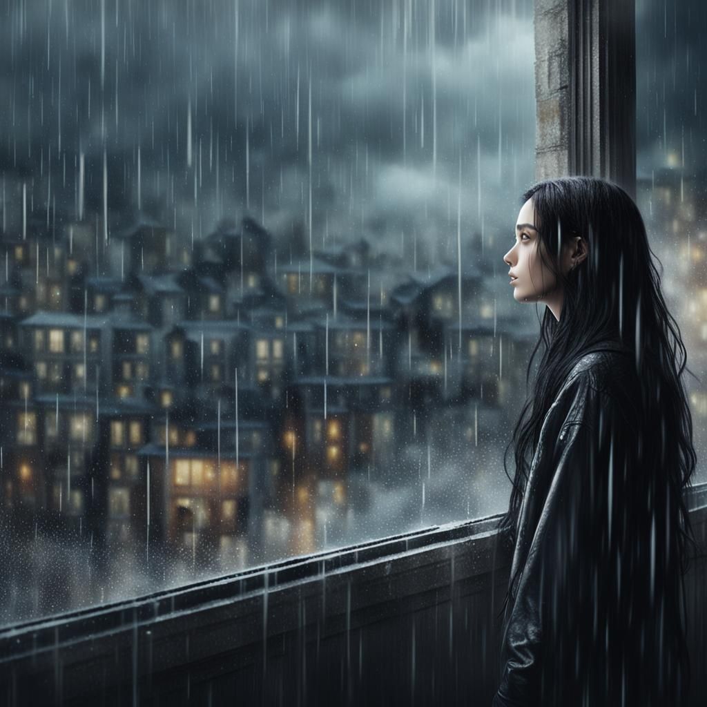 Dreamy Woman Watches Rain in Cityscape Matte Painting