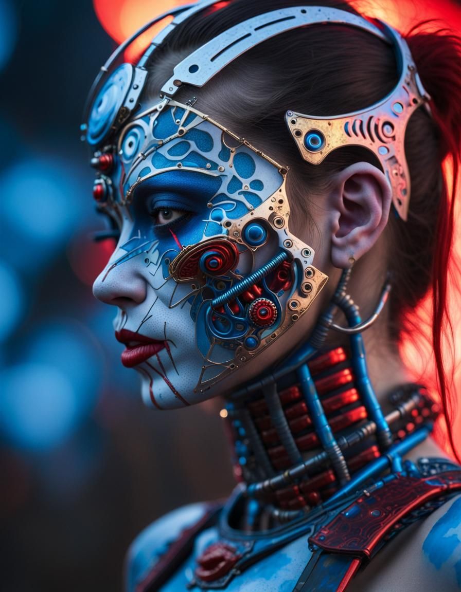 Gros plan sur le visage d'une femme cyborg, de profil, regar...
