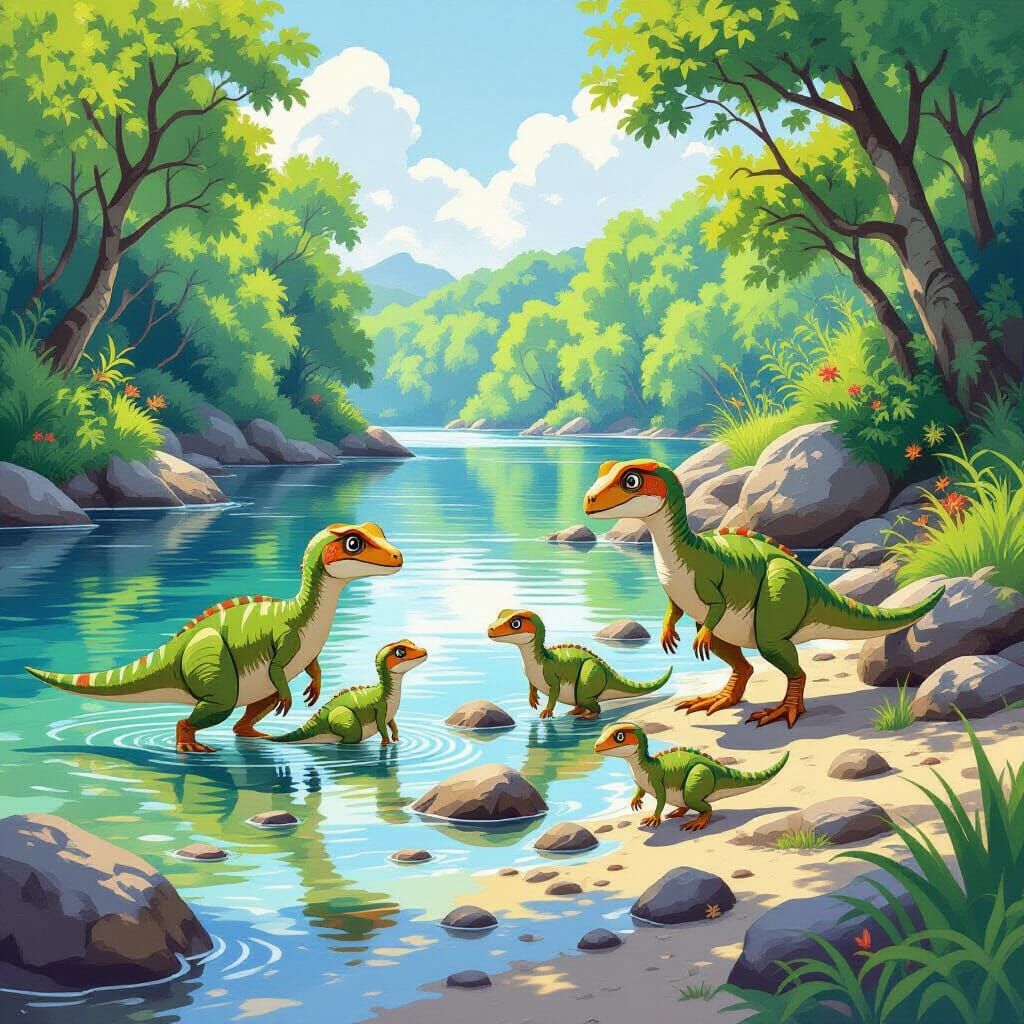 Compsognathus Family at Jurassic Lagoon, Whimsical Illustrat...