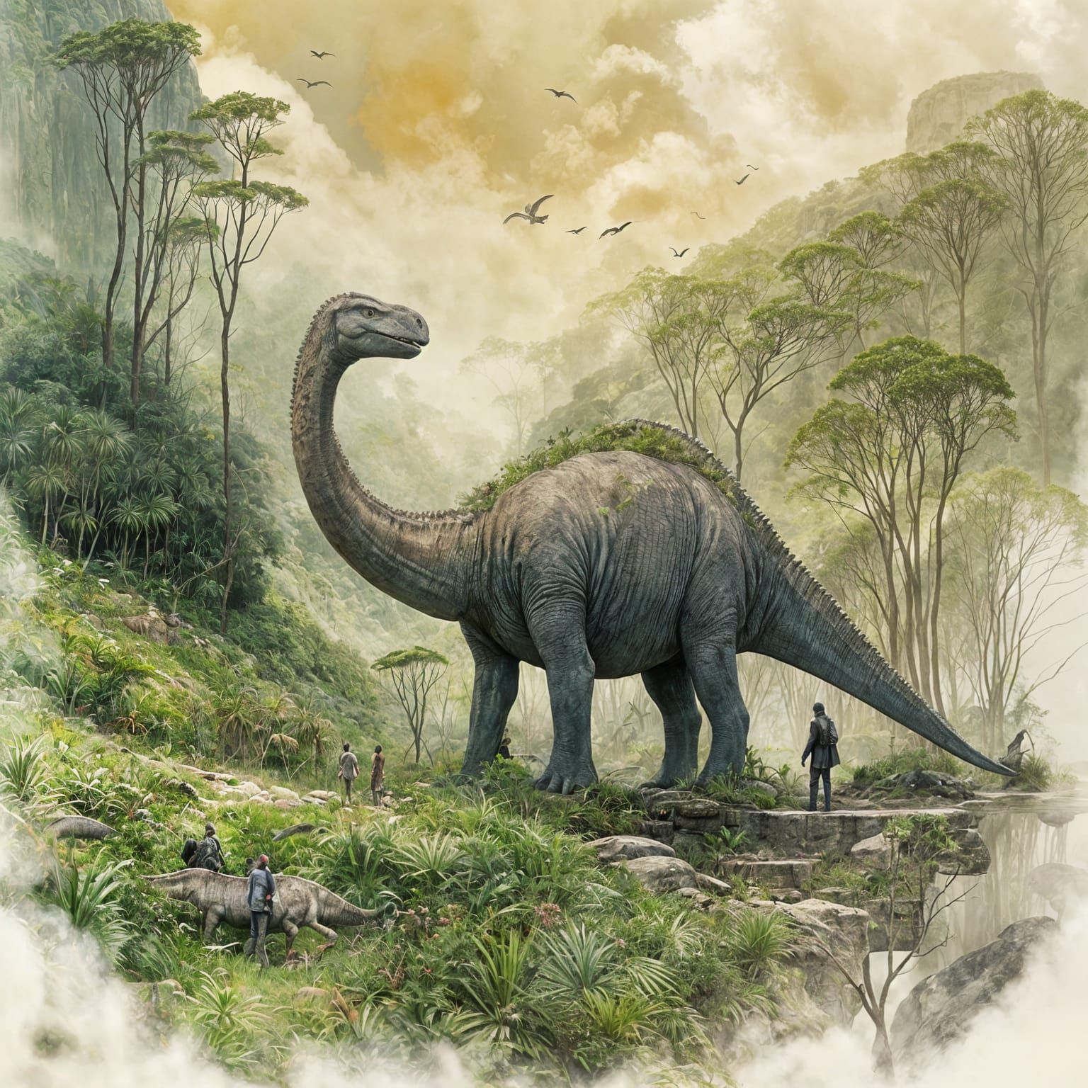 Jurassic Valley at Dawn: A Dinosaur Landscape