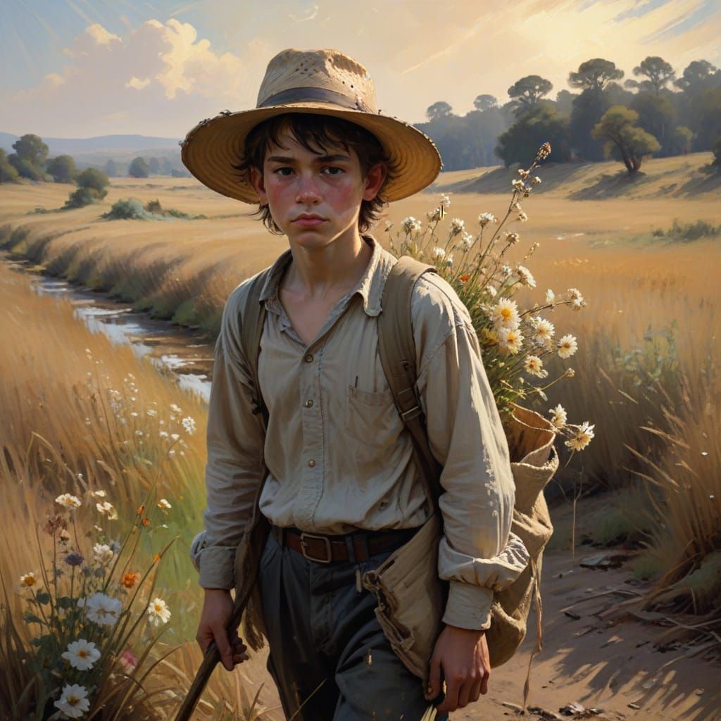 Boy in Golden Hour Field, American Realism Style