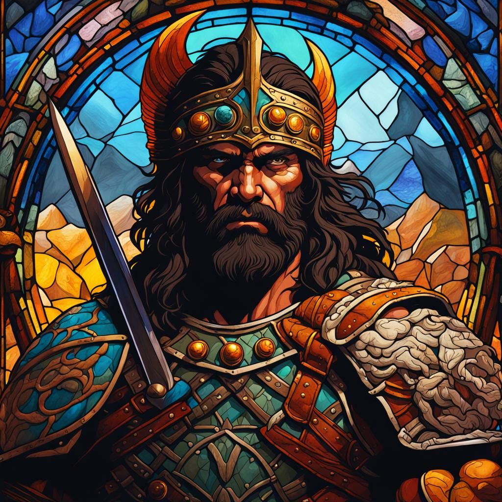 Stained Glass Barbarian Warrior in Epic Fantasy Style