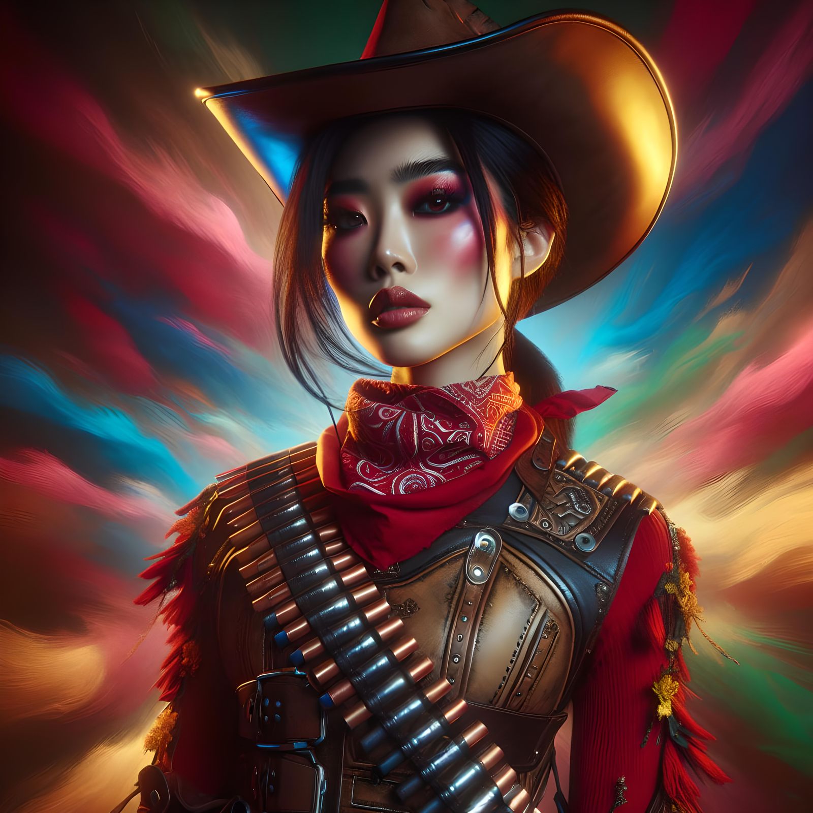 Asian Cowgirl with Dramatic Makeup in Hyperrealistic Style