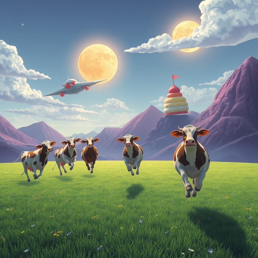 Whimsical Alien Landscape with Levitating Cows and Ice Cream...