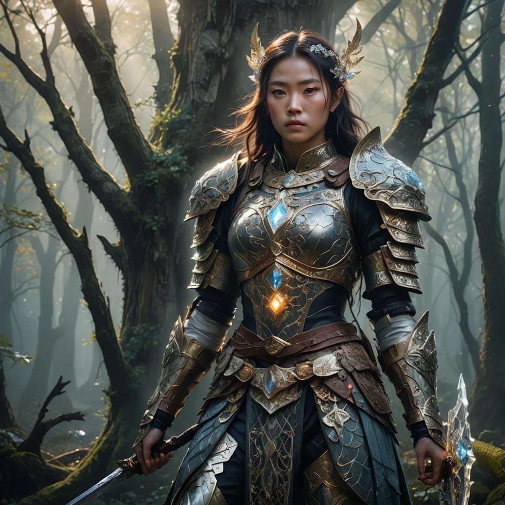 Female Warrior in Misty Forest: Digital Art Portrait
