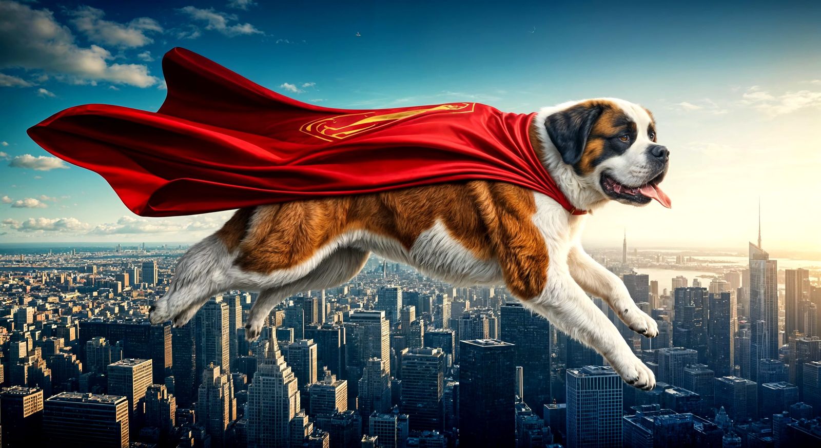 Super St. Bernard Soars Above City Skyscrapers