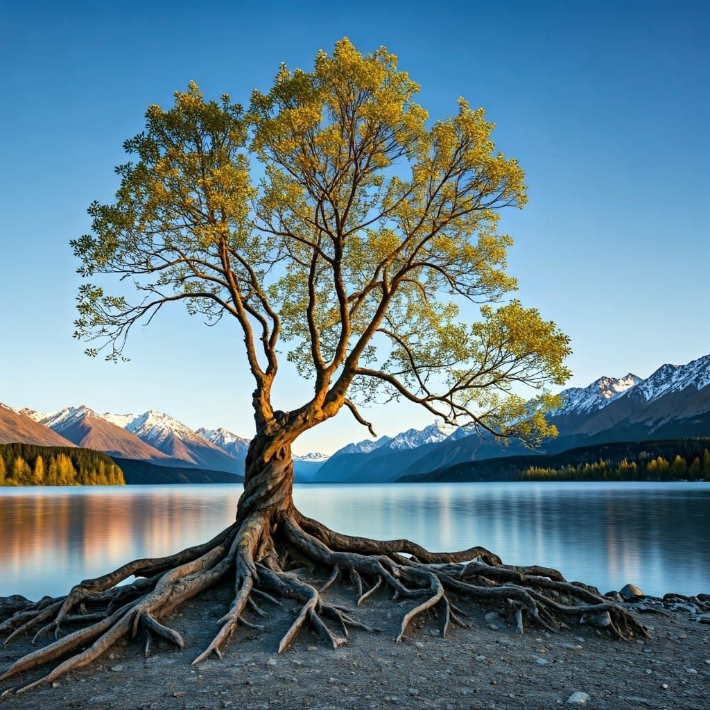 Majestic Tree Reflected in Mountain Lake at Golden Hour