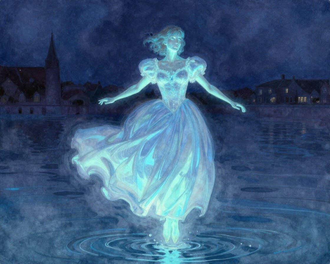 Bioluminescent Woman in Ballroom Dress Over Water