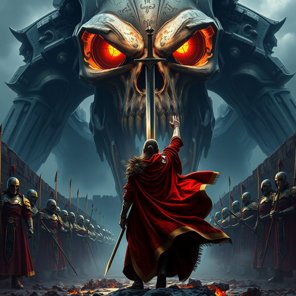 Warrior vs Death Titan in Matte Painting Style