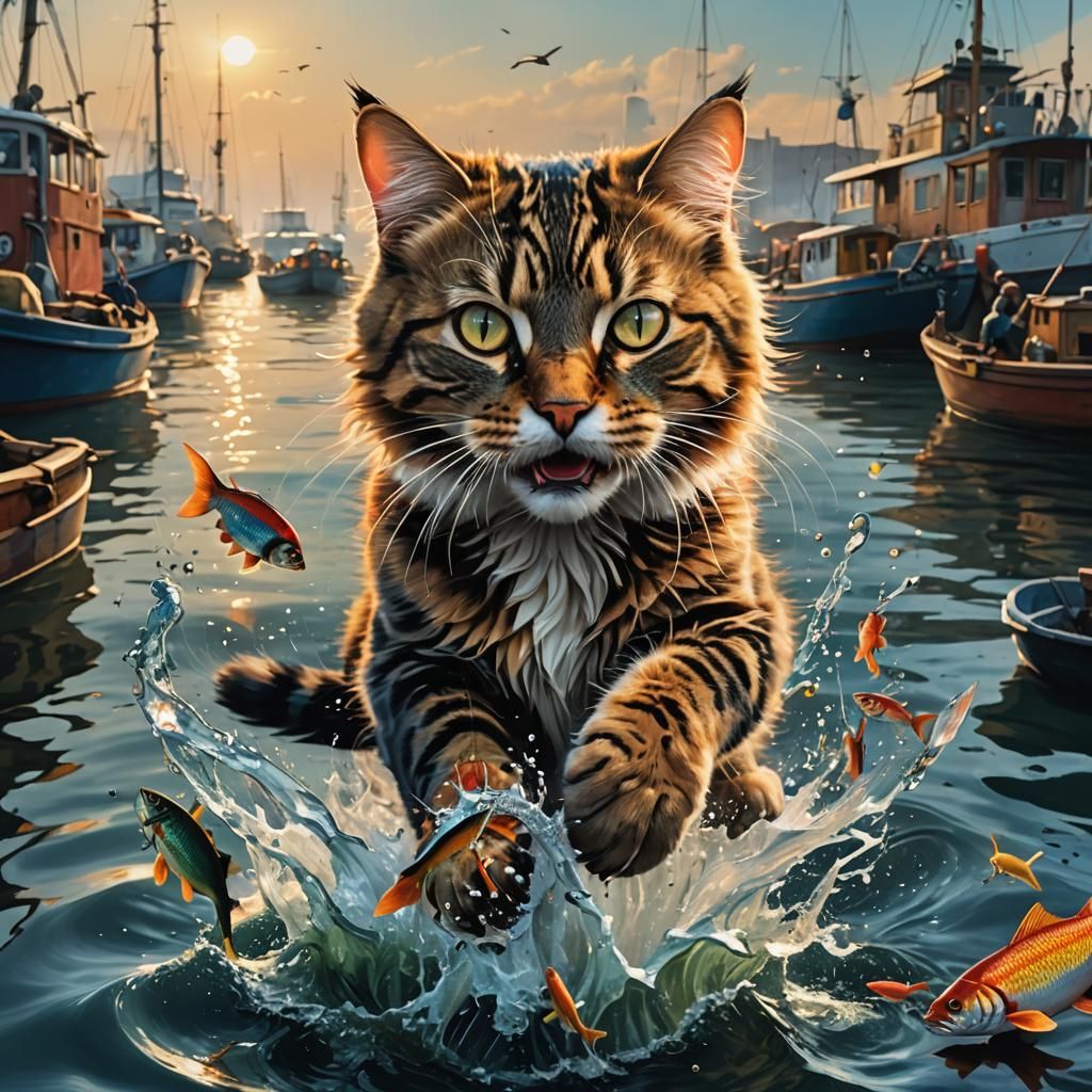 Hyperrealistic Cat Fishing in Busy Harbor