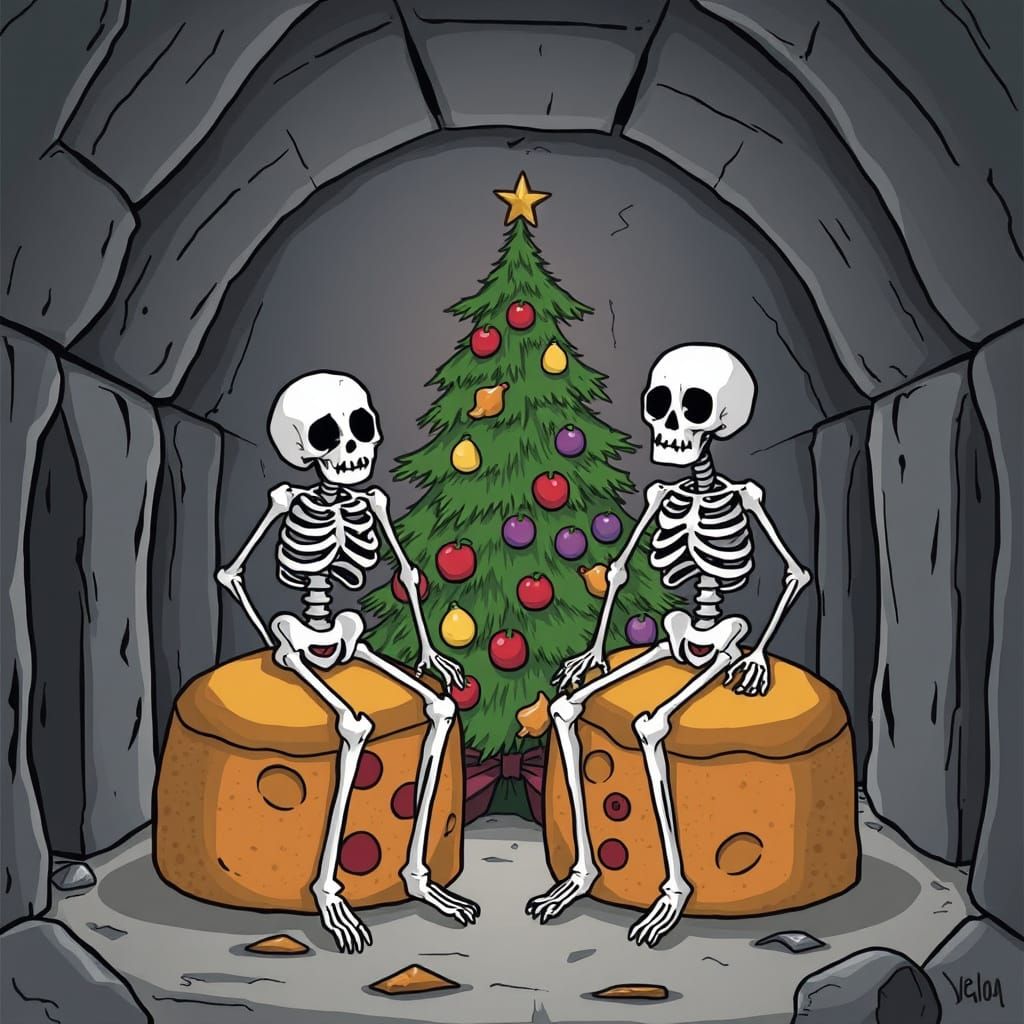 Skeletons Sit on Fruitcake in Christmas Crypt