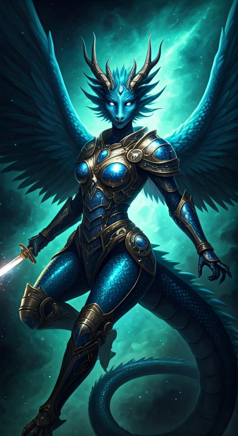 Celestial Dragon-Woman Soaring Through Nebula Sky