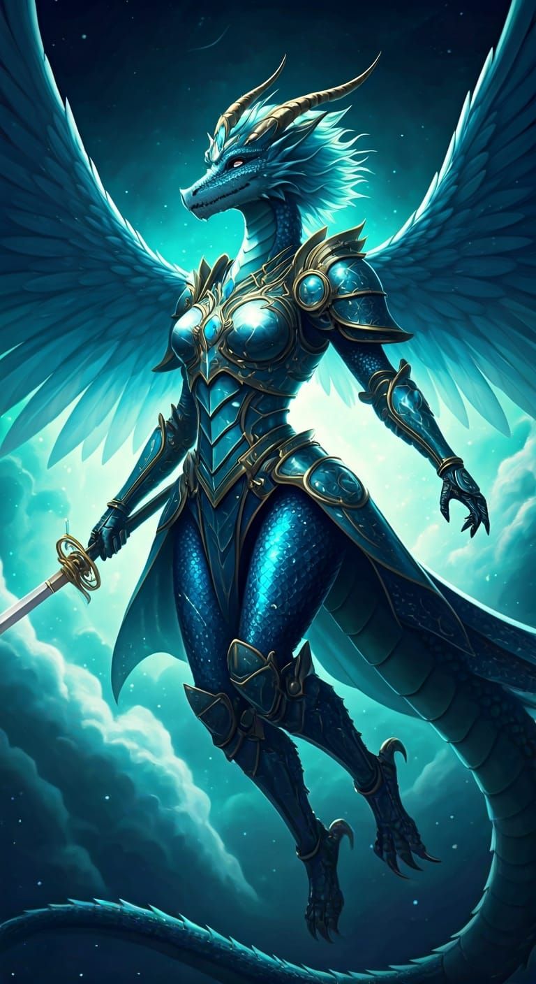 Celestial Dragon-Woman Soaring Through Nebula in Anime Style
