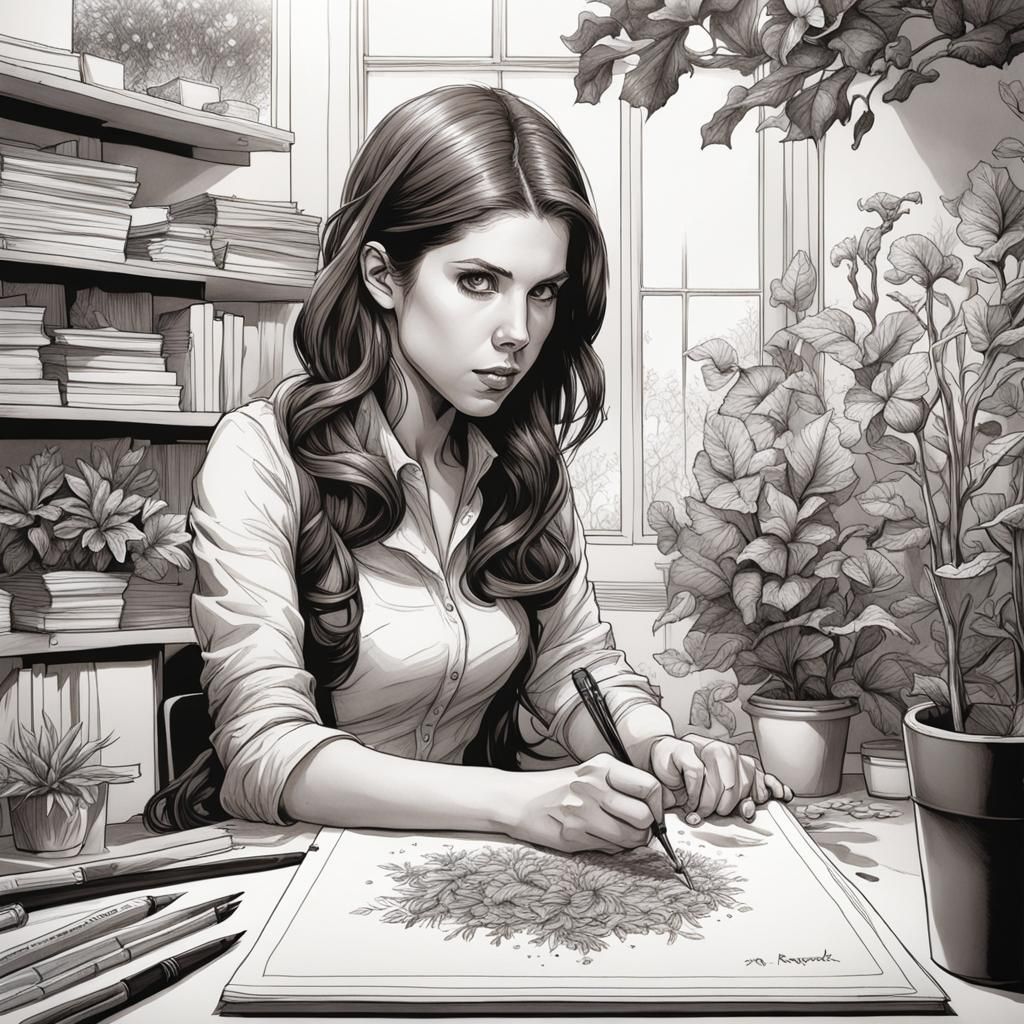 Anna Kendrick's Botanical Ink Drawing in Comic Book Style