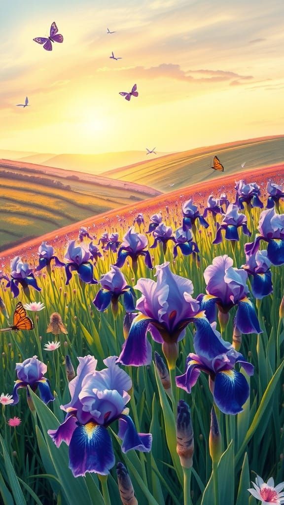 Vibrant Impressionist Landscape with Blooming Irises and Gol...