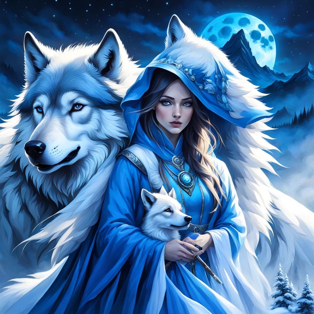 Mystical Wolf and Girl in Blue