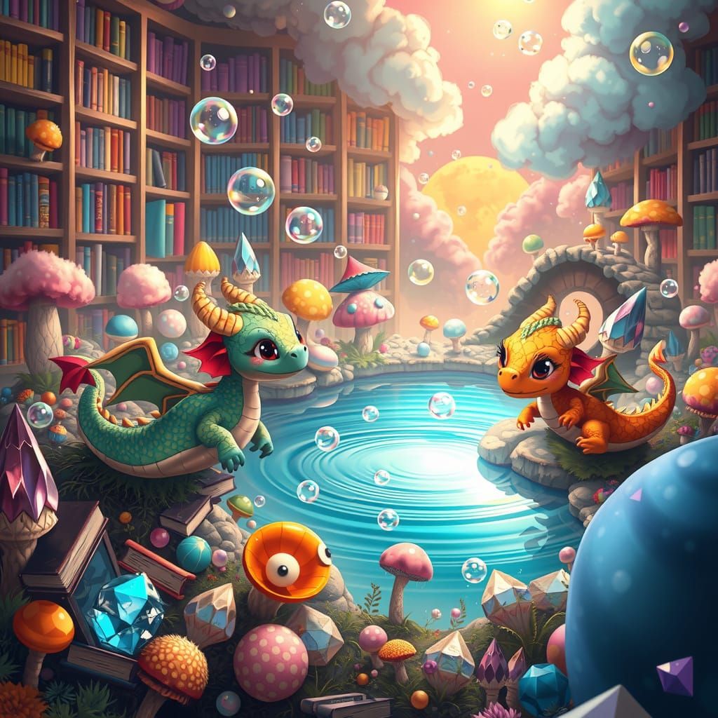 Dreamlike Dragons Explore Whimsical Bookshelf Realm