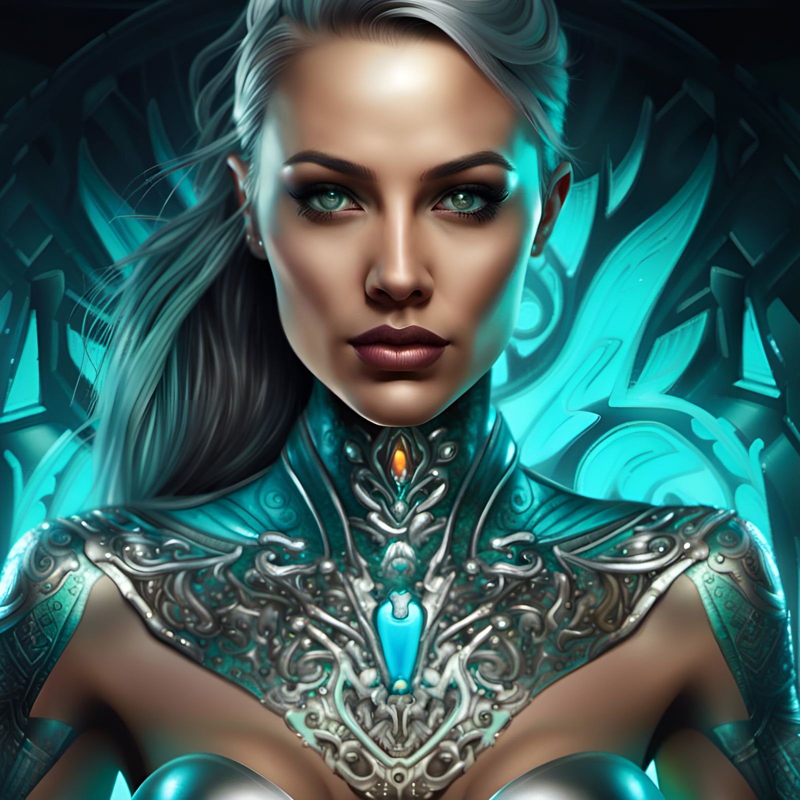 Woman in Turquoise Armor on Silver Throne