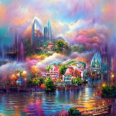 Ethereal Cityscape Beside Lake in Fantasy Style