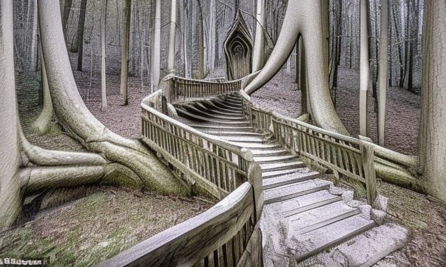 Bendy twisty stairway path in the woods, bit surreal