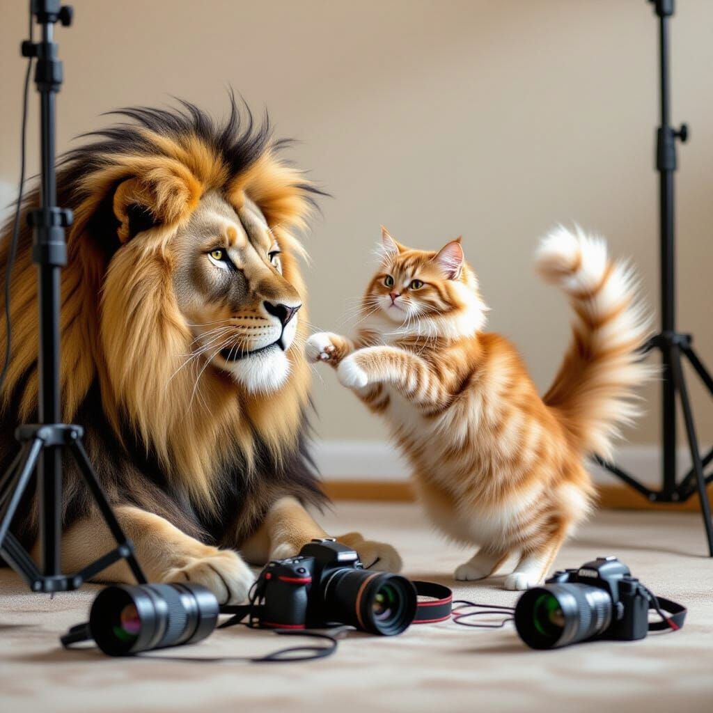 Ginger Cat Disrupts Lion Portrait Session in Storybook Style