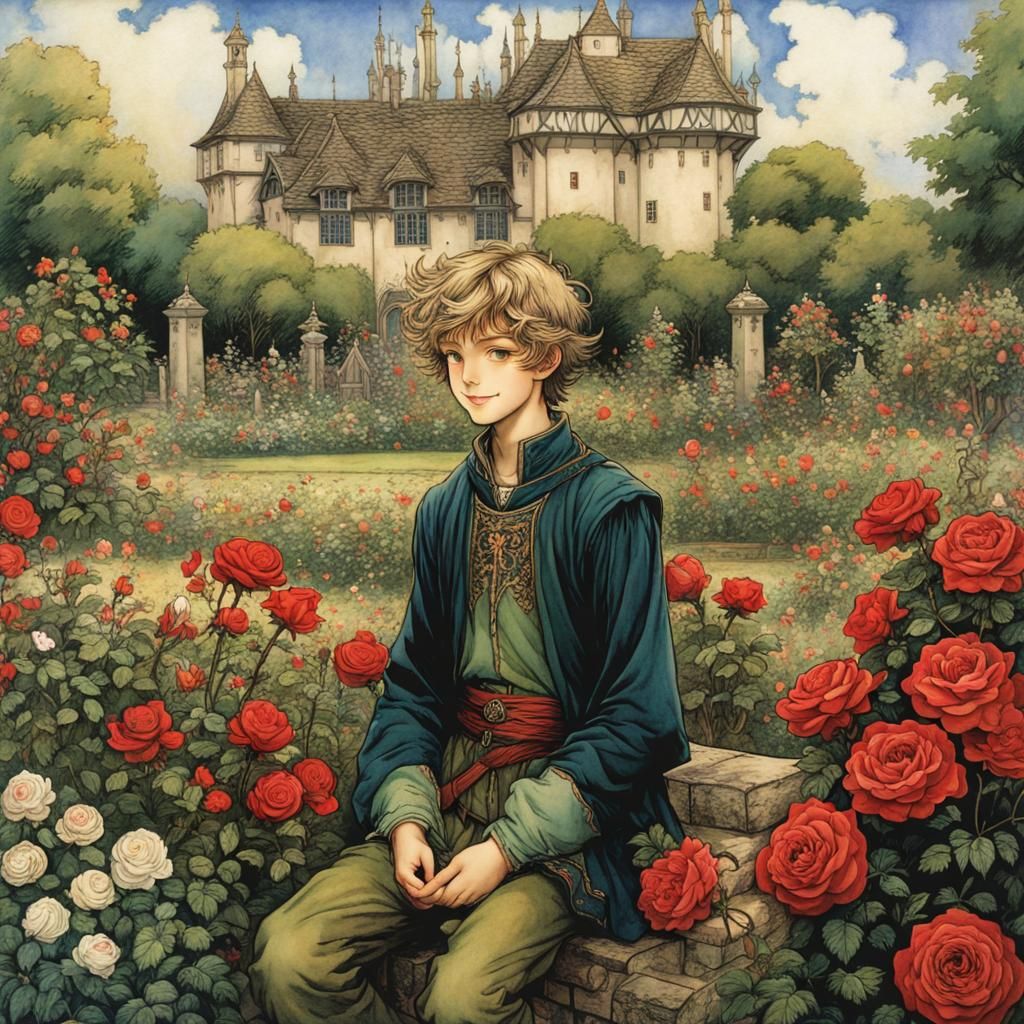 Smiling Boy in Medieval Rose Garden, Anime Style