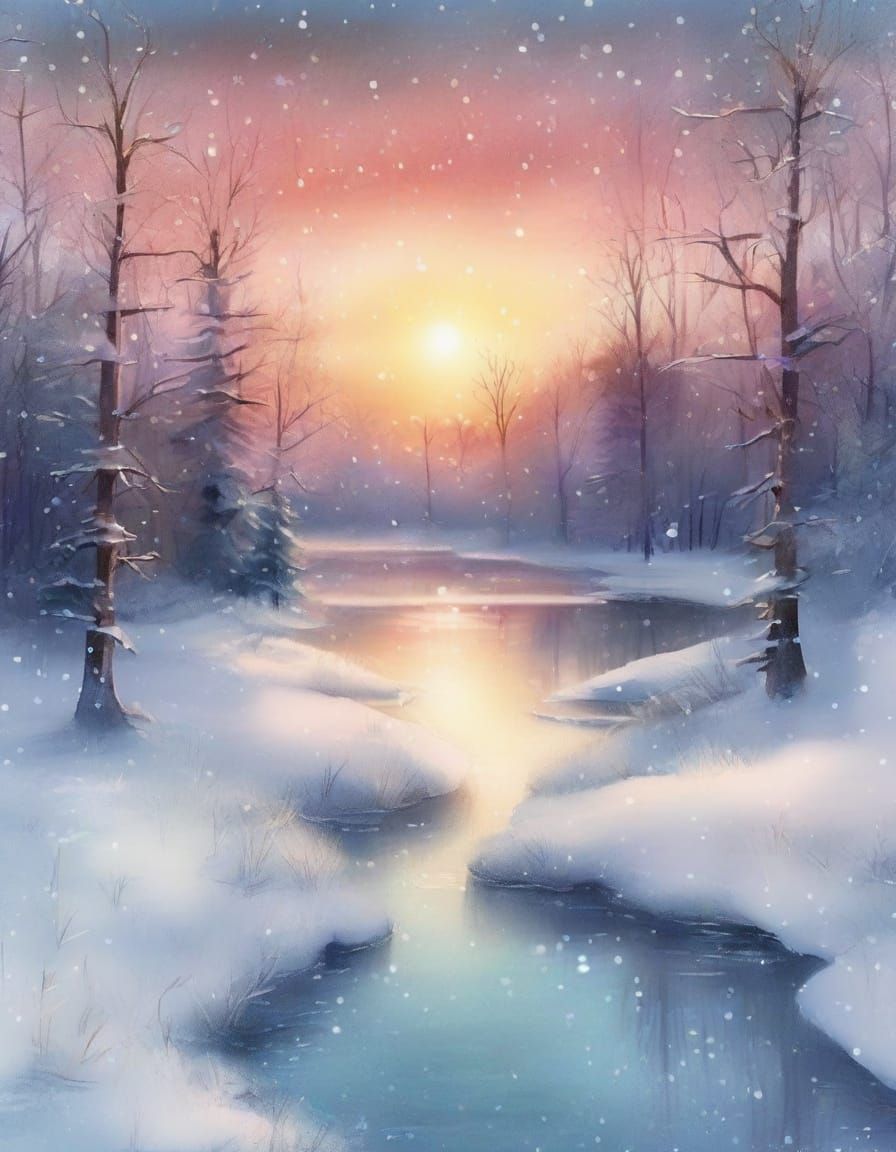 Dreamy Winter Forest Lake at Sunset in Watercolour