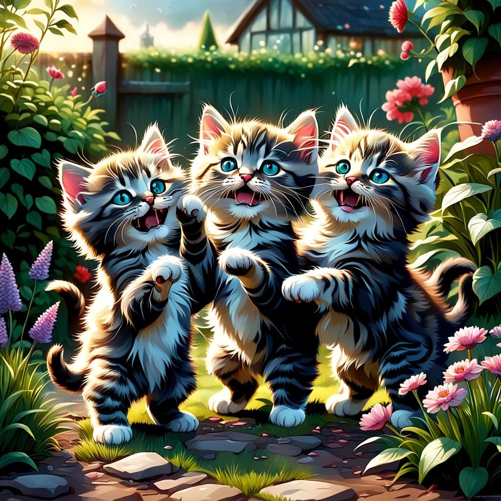 Cute Fluffy Kittens Playing: Realistic Digital Painting