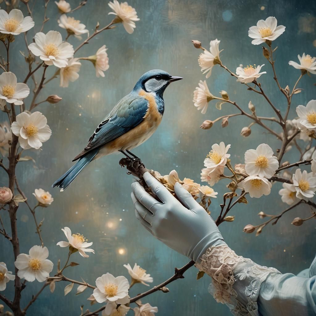 Bird on Gloved Hand in Klimt-Inspired Style