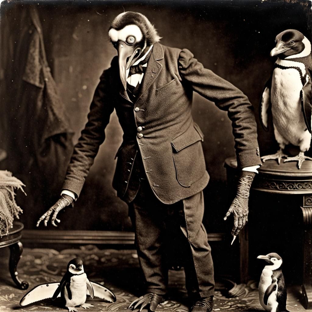 Lovecraftian Abomination with Penguin, Vintage Sepia Photogr...