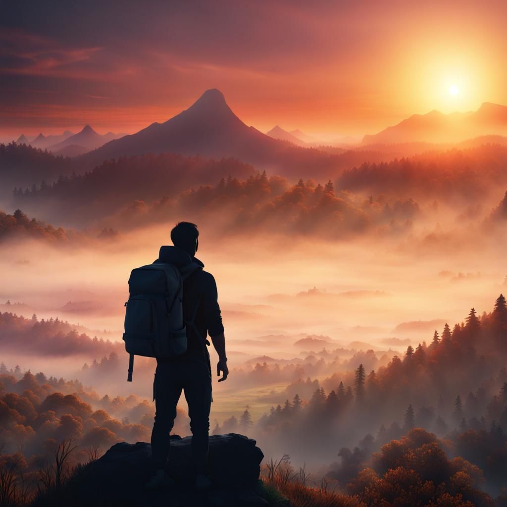 Man Gazing at Sunrise Over Misty Hills