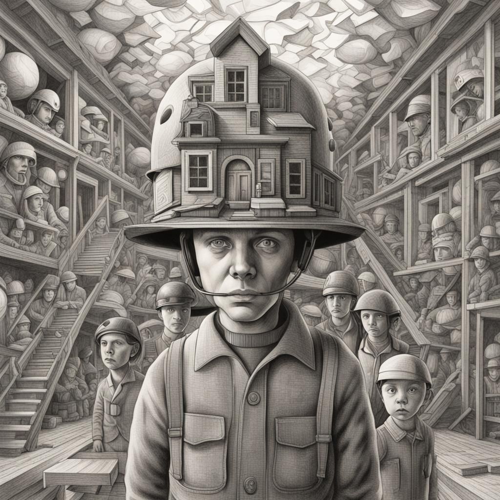 Family in War Helmet: 3D Psychedelic Escher Art