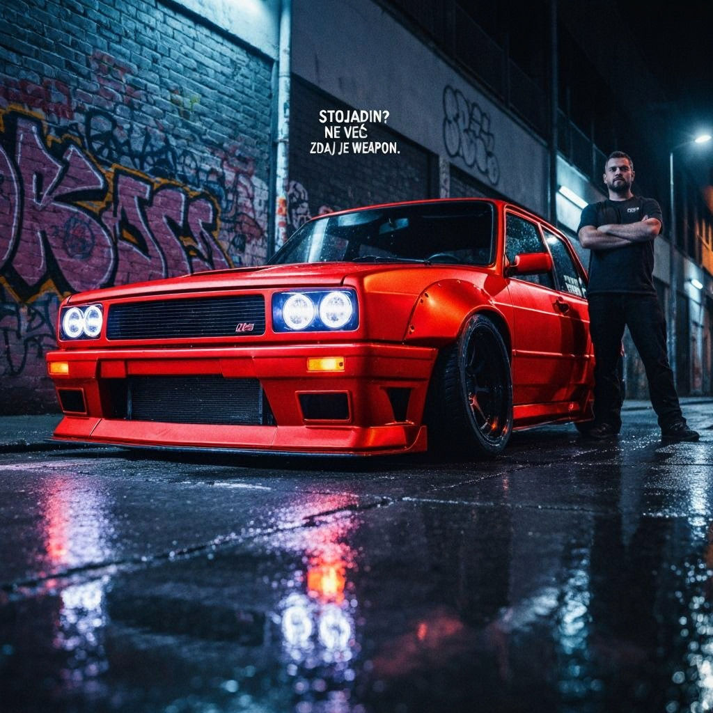 Modified Stojadin Car on Wet Neon Urban Street