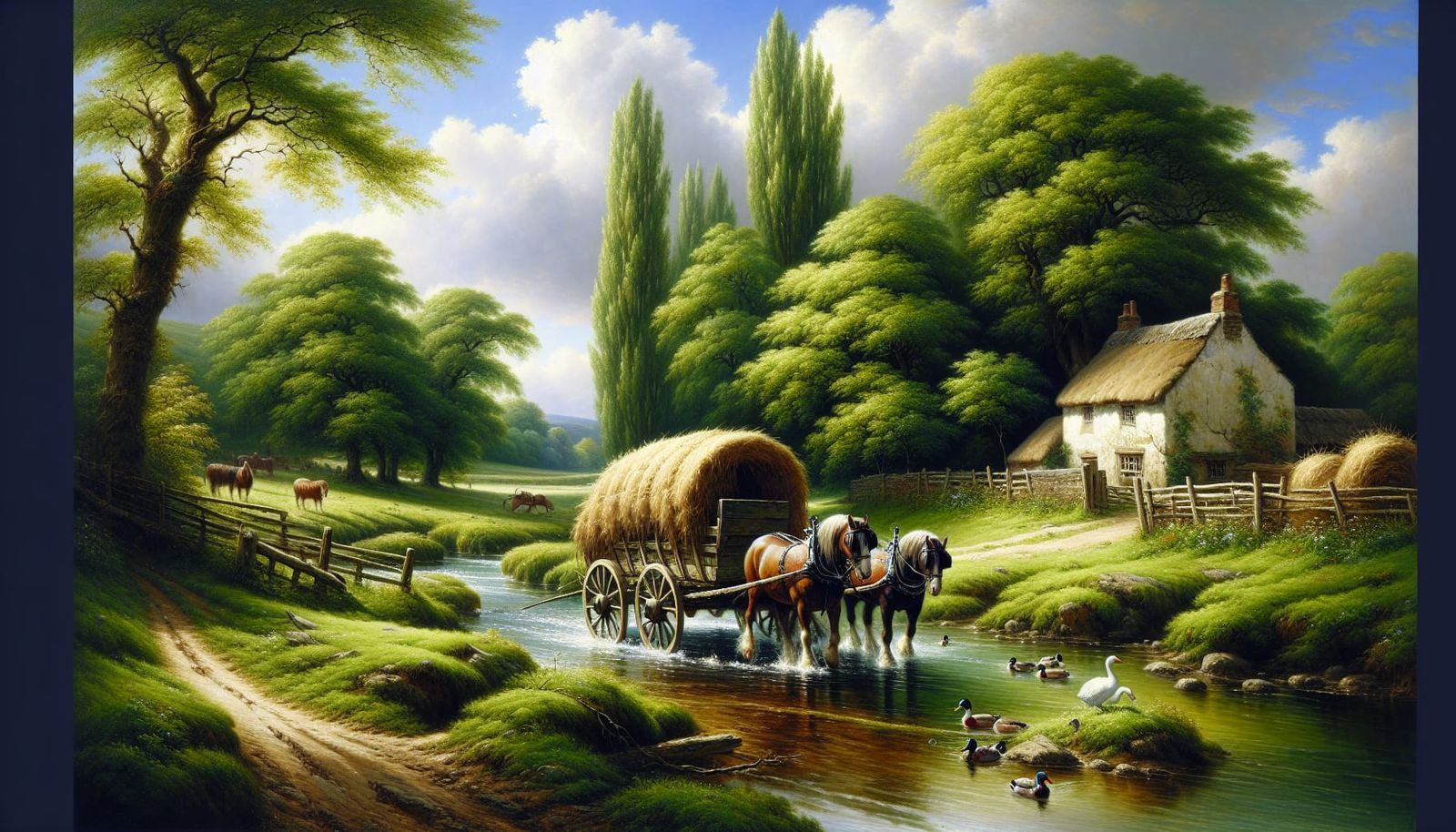 Pastoral Landscape with Hay Wain in Romantic Style