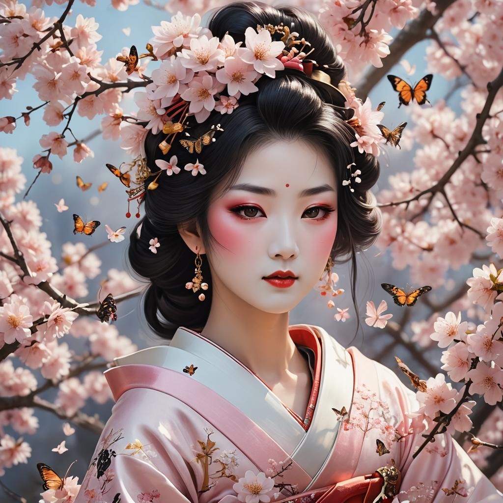 Elegant Geisha with Butterflies in Soft Sunlight