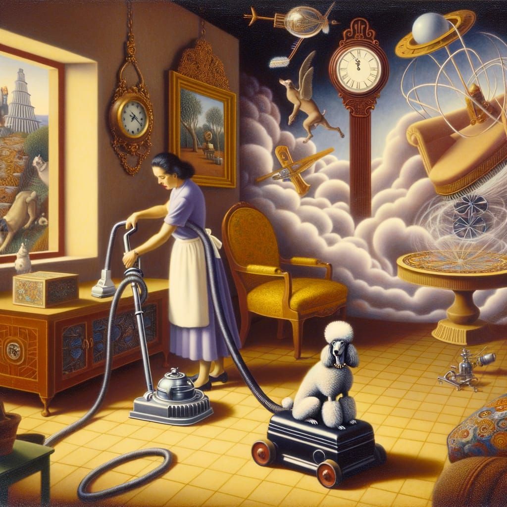 Sentient Poodle Vacuums Surreal Living Room